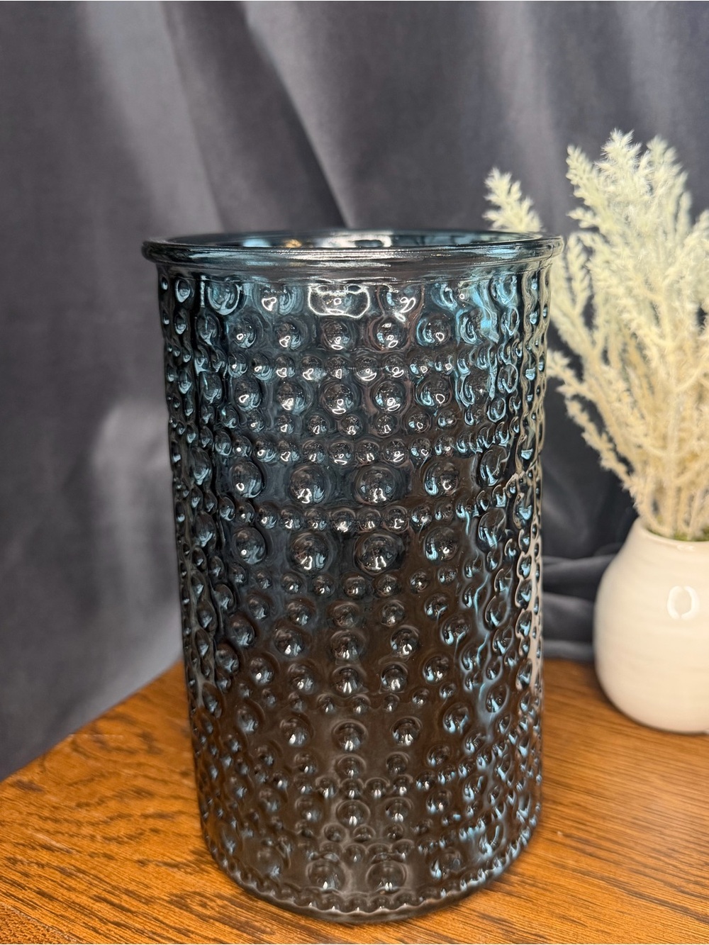 Vintage Bubble Textured Blue Gray Glass Cylinder Vase -DPS Bubble Mold